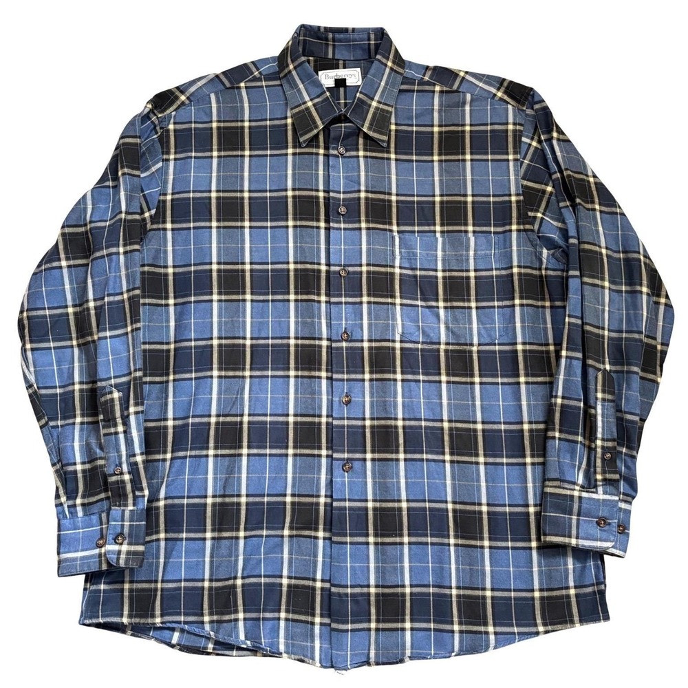 Vtg Burberry Made in USA Button Flannel Shirt Men L Blue Check Plaid 100% Cotton